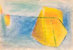 Compoziție by Pavel Ilie, creioane colorate și tempera pe hârtie, sold Feb 2024