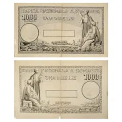 Ary Murnu, Două variante ale bancnotei de 1000 de lei, macheta originală realizată de Ary Murnu, 1934, piesă de colecție, provine din colecția familiei de artiști Murnu, tuș și cariocă pe hârtie