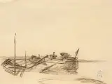 Barcazuri la Tulcea by Alexandru Ciucurencu, 1948, cărbune pe hârtie, sold Feb 2024