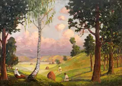 La cosit by Ion Doboşariu, ulei pe placaj, sold Feb 2024