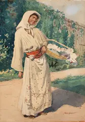Hans Aescher, Florăreasă, acuarelă și creion pe hârtie