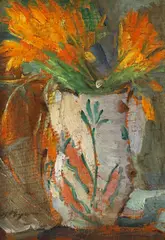 Ulcior cu flori de primăvară by Leon Biju, ulei pe carton, sold Feb 2024
