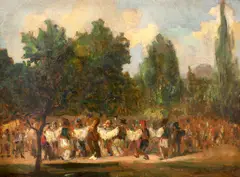 Hora satului by Pan Ioanid, ulei pe carton, sold Feb 2024
