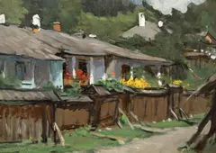 Otto Briese, Case la Agapia, 1932, ulei pe carton