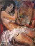 Sorin Ionescu, Nud cu șal alb, 1978, ulei pe carton