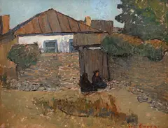 Turcoaice în fața porții by Geo (George) Cardaş, ulei pe carton, sold Feb 2024