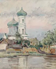Biserica din Vâlcov by Mihail Gavrilov, 1937, ulei pe carton, sold Feb 2024