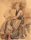 Eleganță by Rodica Maniu, creion și acuarelă pe hârtie lipită pe carton, sold Feb 2024