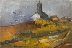 Biserică în vârf de deal (Jilava) by Gheorghe Ionescu, 1947, ulei pe pânză lipită pe carton, sold Feb 2024