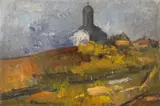 Gheorghe Ionescu, Biserică în vârf de deal (Jilava), 1947, ulei pe pânză lipită pe carton