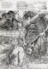 Dan Beudean, Manhood, 2023, creion pe hârtie lipită pe lemn