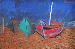 Bărci by Constantin Blendea, 1987, ulei pe carton, offered Jan 2024