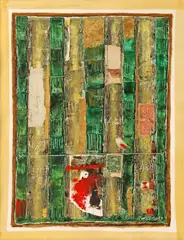 Corneliu Petrescu, Pădure, 1997, ulei, acrilic, colaj și foiță de aur pe carton