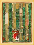 Corneliu Petrescu, Pădure, 1997, ulei, acrilic, colaj și foiță de aur pe carton