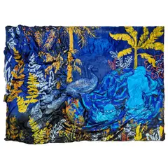 Peacock by Ionuț Barău, acrilic, colaj de materiale reciclate pe carpetă "Răpirea din Serai", sold Jan 2024