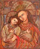 Madona cu pruncul by Magdalena Rădulescu, ulei pe lemn, sold Jan 2024