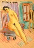 Spiru Chintilă, Nud cu șevalet în atelier, ceracolor, cărbune, acuarelă și creion pe hârtie