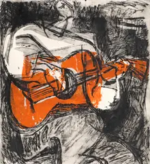 Chitarist by Eva Cerbu, 1970, acvaforte și acvatintă, tempera pe hârtie, sold Jan 2024
