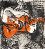 Eva Cerbu, Chitarist, 1970, acvaforte și acvatintă, tempera pe hârtie