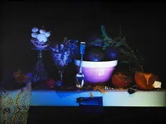 Fiona Pardington, Pink Crown Lynn Bowl, Silver Teaspoon and Passionfruit, type C print, 1/10