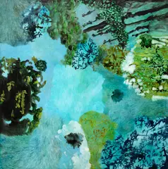 Barbara Tuck, Sphere of the pent lake hold flint, oil on board