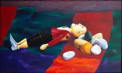 Glenda Randerson, The Wooden Man Laid to Rest, oil on linen canvas