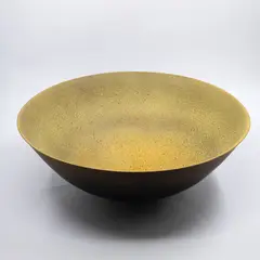 Len Castle, Sulphurous bowl, earthenware with matt yellow thinly crackle glaze interior and matt black exterior