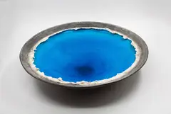 Len Castle, Crater Lake bowl, earthenware with alkaline blue glaze to the interior, matt grey stained sculptured cavetto and exterior