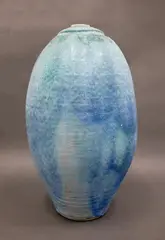 Greg Barron, Tall floor vase, stoneware with matt mottled blue and green glazes