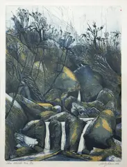 Stanley Palmer, Three Waterfalls - Huia, bamboo engraving, 15/50