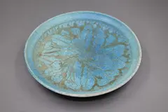 Graeme Storm, Carved dish, stoneware with carved slip floral decoration, matt turquoise glaze with dark brown negative detail