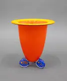 Höglund Art Glass, Vase, orange blown glass vase with yellow rim on three murrine glass feet