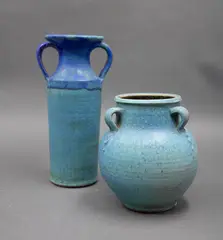 Graeme Storm, Two barium blue vases, including a twin-handle vase and a small jar