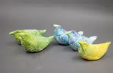 Rosemary Brittain, Five porcelain birds, with green, yellow, and blue glazes