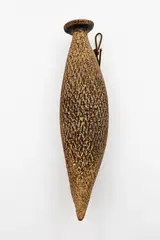 Len Castle, Hanging bottle form, ochre washed stoneware with reticulated design