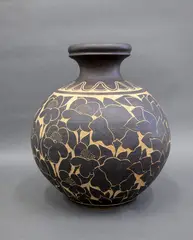 Graeme Storm, Floor vase, sgraffito cut floral decoration through a dark matt manganese slip