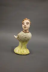 Bronwynne Cornish, Smiling Harpy, earthenware figure of a bird with a woman head, painted details