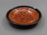 Len Castle, Small dish, stoneware with crawled terracotta red glaze with crackled effect over tenmoku