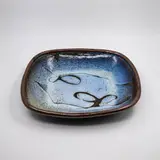 Len Castle, Large rectangular deep platter, stoneware with jun over tenmoku glazes and decorated with a wax resist quince pattern
