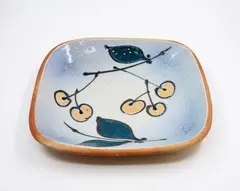 Merilyn Wiseman, Square platter, early woodfired stoneware with leaves and cherries decoration, c. 1980s