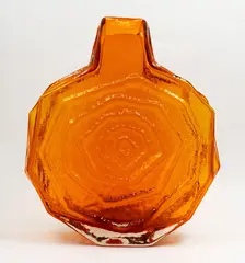 Banjo vase by Geoffrey Baxter, blown glass of tangerine colour, designed mid-1960's, sold Sep 2026