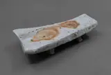 Chester Nealie, Small footed platter, wood fired stoneware with white crackled glaze and impressions