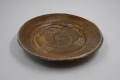 Duncan Shearer and Charade Honey, Wood fired dish, soda glazed stoneware with shell impressions