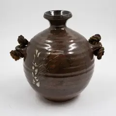 Warren Tippett, Bottle vase, stoneware with oil spot glaze and wax resit gestural design, with original rope handle