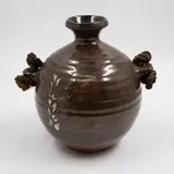 Warren Tippett, Bottle vase, stoneware with oil spot glaze and wax resit gestural design, with original rope handle
