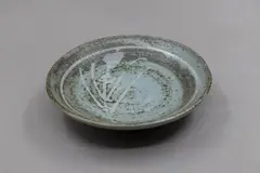 Warren Tippett, Small dish, stoneware with wax resist gestural decoration on a grey glaze