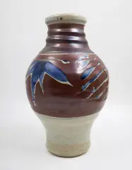 Warren Tippett, Baluster vase, stoneware, decorated with underglaze blue leaf design on an iron glaze band