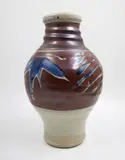 Warren Tippett, Baluster vase, stoneware, decorated with underglaze blue leaf design on an iron glaze band