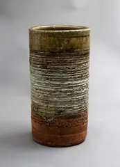 Len Castle, Cylindrical brushpot, stoneware with textured surface and ash glaze