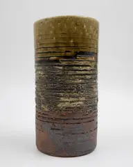 Len Castle, Cylindrical brushpot, stoneware with textured surface and ash glaze